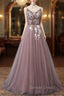 Charming V Neckline Flowers Dark Pink Prom Gowns, Long Prom Dresses