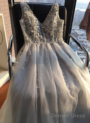 Charming V Neckline Grey A Line Prom Dress With Beaded, Sexy Long Prom Dresses