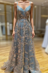 Charming V-Necklinetulle Sequins Long Prom Dresses, V-Neck Backless Formal Dresses