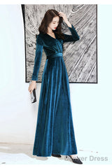Charming Velvet V-Neckline Simple Long Bridesmaid Dress, Long Sleeves A-Line Party Dress
