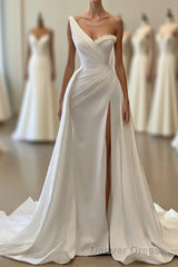 Charming White Long Mermaid One Shoulder Satin Beading Formal Prom Dresses