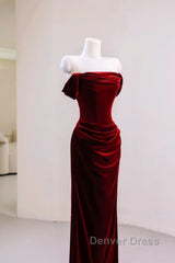 Charming Wine Red Mermaid Off Shoulder Velvet Formal Dresses, Wine Red Long Prom Dresses