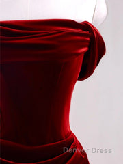 Charming Wine Red Mermaid Off Shoulder Velvet Formal Dresses, Wine Red Long Prom Dresses