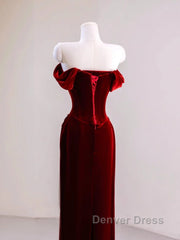 Charming Wine Red Mermaid Off Shoulder Velvet Formal Dresses, Wine Red Long Prom Dresses