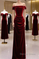 Charming Wine Red Mermaid Off Shoulder Velvet Formal Dresses, Wine Red Long Prom Dresses