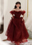 Charming Wine Red Off Shoulder Tulle Beaded Prom Dress, Wine Red Prom Dresses