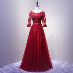 Charming Wine Red Short Sleeves Lace Applique Wedding Party Dress, Formal Gown