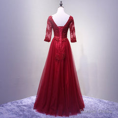 Charming Wine Red Short Sleeves Lace Applique Wedding Party Dress, Formal Gown