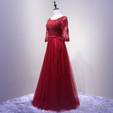 Charming Wine Red Short Sleeves Lace Applique Wedding Party Dress, Formal Gown