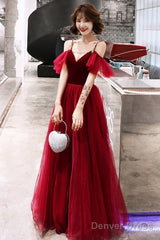 Charming Wine Red Straps Long Evening Party Dresses, A-Line Straps Prom Dresses