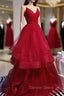 Charming Wine Red Straps Sweetehart Layers Tulle Prom Dresses, Long Party Dresses