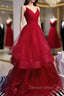 Charming Wine Red Straps Sweetehart Layers Tulle Prom Dress, Long Prom Dresses