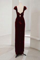 Charming Wine Red Velvet Cap Sleeves Long Party Dress, Wedding Party Dresses