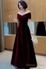 Charming Wine Red Velvet Off Shoulder Long Party Dress, A-Line Prom Dress
