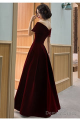 Charming Wine Red Velvet Off Shoulder Long Party Dress, A-Line Prom Dress