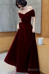 Charming Wine Red Velvet Off Shoulder Long Party Dress, A-Line Prom Dress