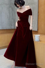 Charming Wine Red Velvet Off Shoulder Long Party Dress, A-Line Prom Dress