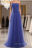 Cheap Blue Tulle Strapless Long Simple Prom Dresses With Bow