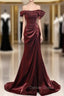 Cheap Burgundy mermaid Off the Shoulder Pleats Prom Dresses