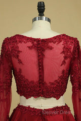 Cheap Burgundy Two-Piece Prom Dresses A Line Satin Lace Applique