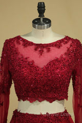 Cheap Burgundy Two-Piece Prom Dresses A Line Satin Lace Applique
