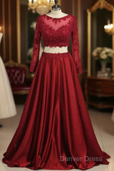 Cheap Burgundy Two-Piece Prom Dresses A Line Satin Lace Applique