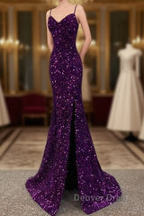 Cheap Dark Purple Prom Dresses Sequin Mermaid Formal Evening Dresses Split