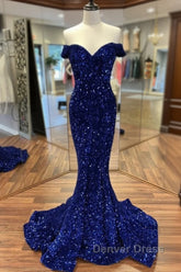 Cheap Long Formal Dresses Royal Blue Prom Dresses Sequins Mermaid