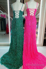 Cheap Long Sequins Prom Dress Hot Pink Evening Dress With Feathers