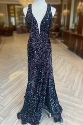 Cheap Meremaid Iridescent Sequin Prom Dresses Cheap V Neck Long Formal Dresses