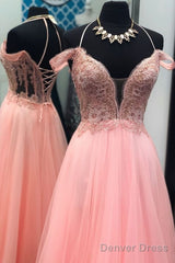 Cheap Pink Tulle Lace Prom Dresses Custom Made Formal Evening Gowns