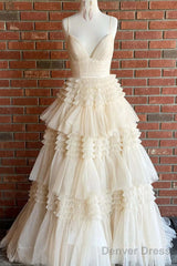 Cheap Prom Dresses Sequin Tulle V Neck Ruffles Formal Dresses Long