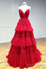 Cheap Prom Dresses Sequin Tulle V Neck Ruffles Formal Dresses Long