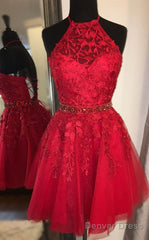 Cheap Red Short Homecoming Dresses, Formal Lace Homecoming Dresses, Simple Short Dresses With Beading