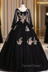 Check Out Entire Collection Black Ball Gown Tulle V-neck Long Sleeve Appliques Quinceanera Dresses