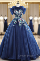 Check Out Entire Collection Navy Blue Ball Gown Tulle Embrodiery Backless Quinceanera Dresses