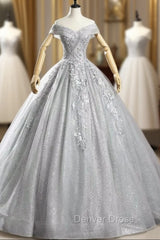 Check Out Entire Collection Silver Gray Sequins Appliques Off the Shoulder Quinceanera Dresses