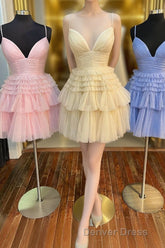 Multi-Tiered V-Neck Backless A-Line Short Party Dresses