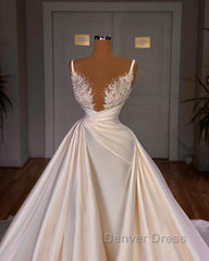Chic A-Line Sleeveless Spaghetti Strap Cathedral V-Neck Long Wedding Dresses