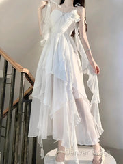 Chic A Line Spaghetti Straps Chiffon White Ankle Length Birthday Dresses Birthday Outfits