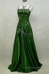 Chic A Line Spaghetti Straps Green Satin Evening Dresses Long Prom Dresses