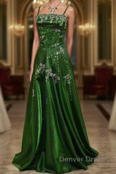Chic A Line Spaghetti Straps Green Satin Evening Dresses Long Prom Dresses