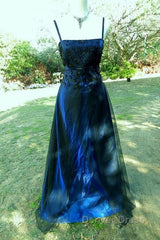 Chic A Line Spaghetti Straps Navy Blue Tulle Evening Dresses Long Prom Dresses