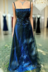 Chic A Line Spaghetti Straps Navy Blue Tulle Evening Dresses Long Prom Dresses