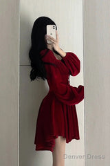 Chic A Line Square Neckline Long Sleeves Red Velvet Party Dress Birthday Dresses Birthday Outfits