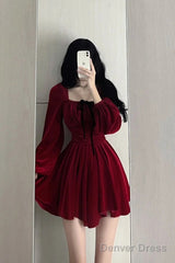 Chic A Line Square Neckline Long Sleeves Red Velvet Party Dress Birthday Dresses Birthday Outfits