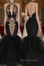 Chic Backless Prom Dresses with Gold Appliques Mermaid Halter Prom Gown with Keyhole