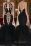 Chic Backless Prom Dresses with Gold Appliques Mermaid Halter Evening Gowns with Keyhole