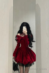 Chic Ball Gown Long Sleeves Red Velvet Party Dress Birthday Dresses Birthday Outfits