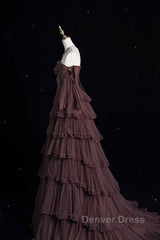 Chic Ball Gown Off The Shoulder Long Sleeves Evening Dresses Tulle Long Prom Dresses